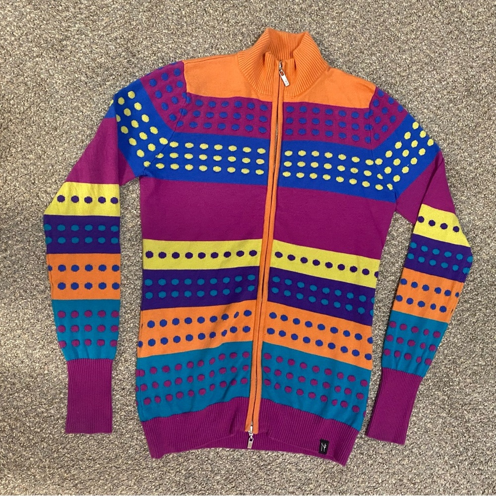Neve Sweater Full 2-way Zip Merino Wool Blend L/S Colorful Polka Dot Sz Med EUC